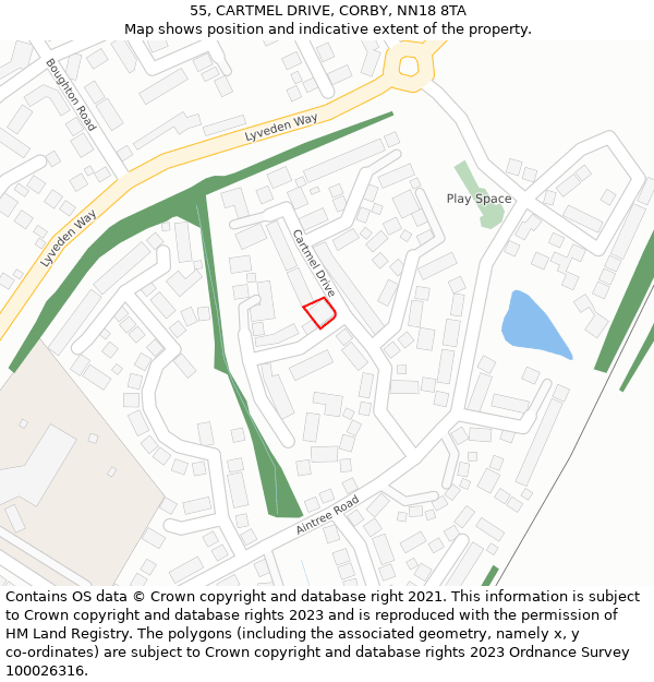 55, CARTMEL DRIVE, CORBY, NN18 8TA: Location map and indicative extent of plot