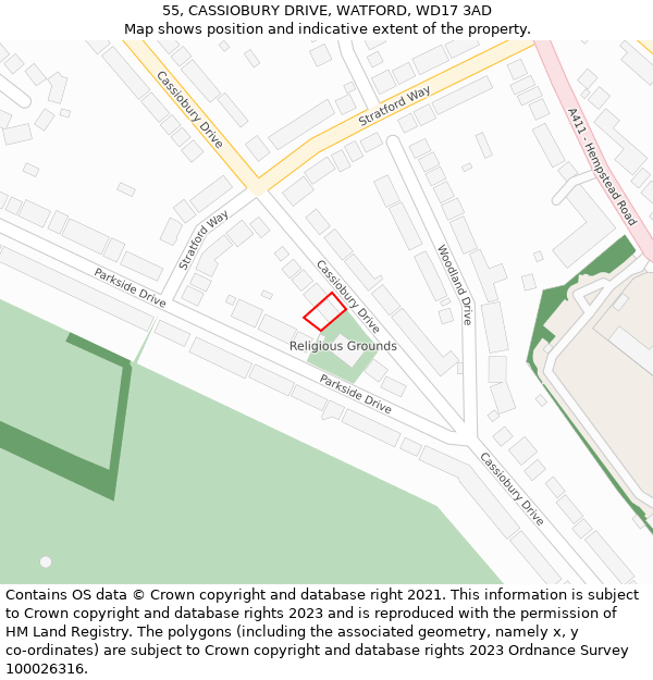 55, CASSIOBURY DRIVE, WATFORD, WD17 3AD: Location map and indicative extent of plot