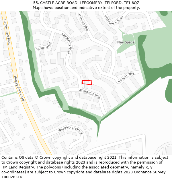 55, CASTLE ACRE ROAD, LEEGOMERY, TELFORD, TF1 6QZ: Location map and indicative extent of plot
