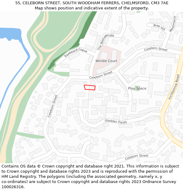 55, CELEBORN STREET, SOUTH WOODHAM FERRERS, CHELMSFORD, CM3 7AE: Location map and indicative extent of plot