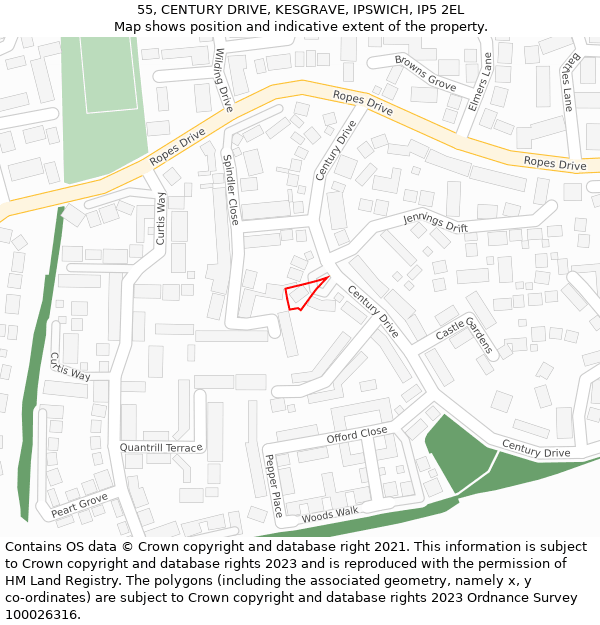 55, CENTURY DRIVE, KESGRAVE, IPSWICH, IP5 2EL: Location map and indicative extent of plot