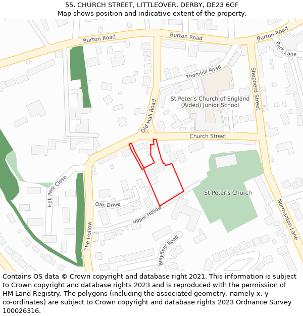55, CHURCH STREET, LITTLEOVER, DERBY, DE23 6GF: Location map and indicative extent of plot
