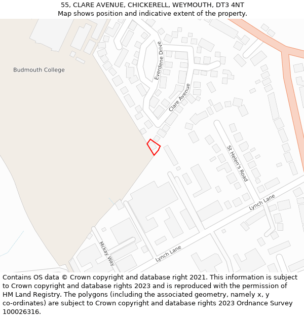 55, CLARE AVENUE, CHICKERELL, WEYMOUTH, DT3 4NT: Location map and indicative extent of plot