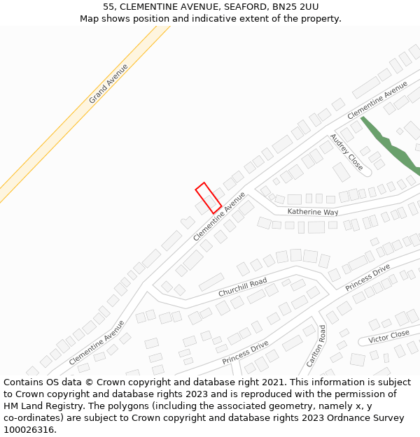 55, CLEMENTINE AVENUE, SEAFORD, BN25 2UU: Location map and indicative extent of plot