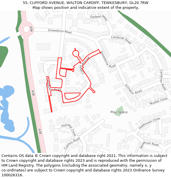 55, CLIFFORD AVENUE, WALTON CARDIFF, TEWKESBURY, GL20 7RW: Location map and indicative extent of plot