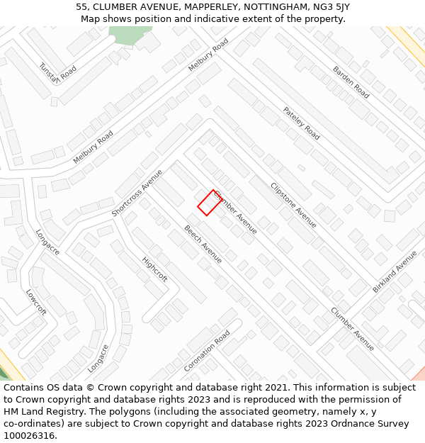 55, CLUMBER AVENUE, MAPPERLEY, NOTTINGHAM, NG3 5JY: Location map and indicative extent of plot