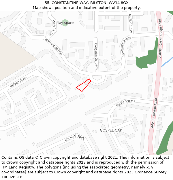 55, CONSTANTINE WAY, BILSTON, WV14 8GX: Location map and indicative extent of plot