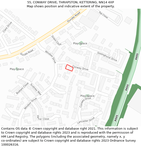 55, CONWAY DRIVE, THRAPSTON, KETTERING, NN14 4XP: Location map and indicative extent of plot
