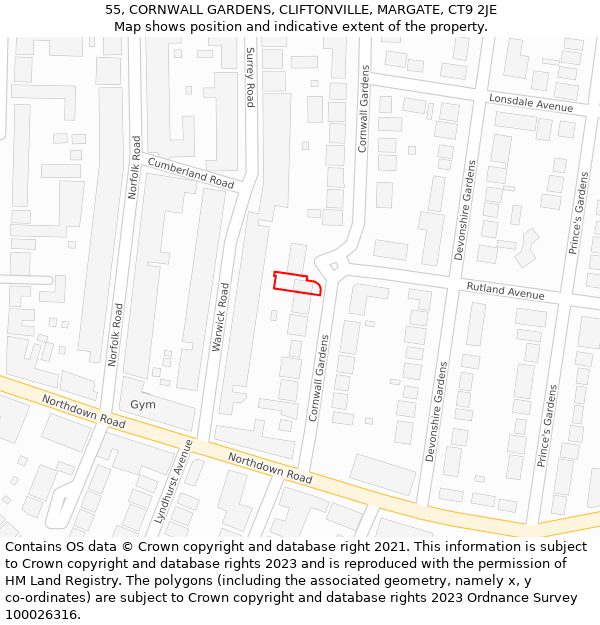 55, CORNWALL GARDENS, CLIFTONVILLE, MARGATE, CT9 2JE: Location map and indicative extent of plot