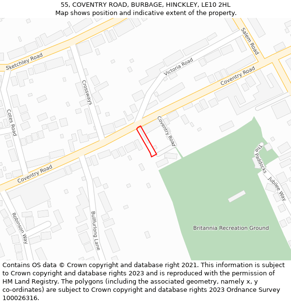 55, COVENTRY ROAD, BURBAGE, HINCKLEY, LE10 2HL: Location map and indicative extent of plot