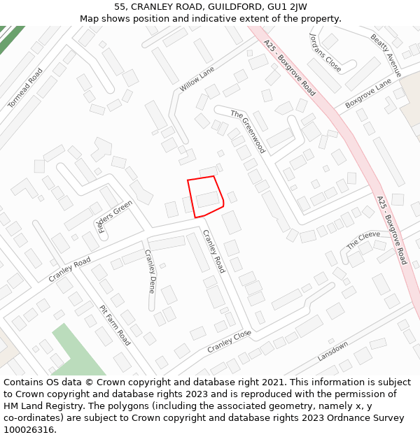 55, CRANLEY ROAD, GUILDFORD, GU1 2JW: Location map and indicative extent of plot