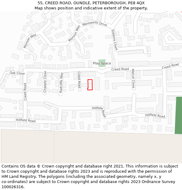 55, CREED ROAD, OUNDLE, PETERBOROUGH, PE8 4QX: Location map and indicative extent of plot