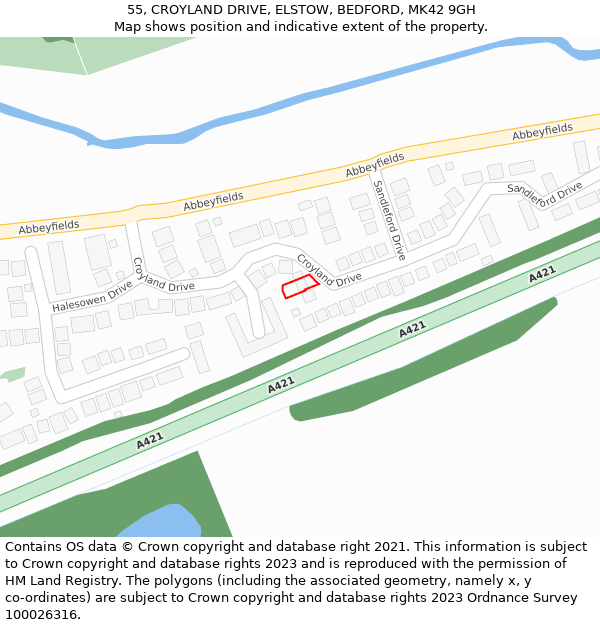 55, CROYLAND DRIVE, ELSTOW, BEDFORD, MK42 9GH: Location map and indicative extent of plot