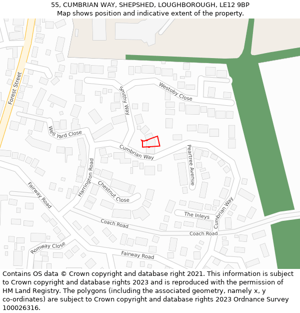 55, CUMBRIAN WAY, SHEPSHED, LOUGHBOROUGH, LE12 9BP: Location map and indicative extent of plot