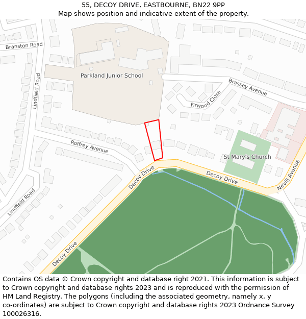 55, DECOY DRIVE, EASTBOURNE, BN22 9PP: Location map and indicative extent of plot