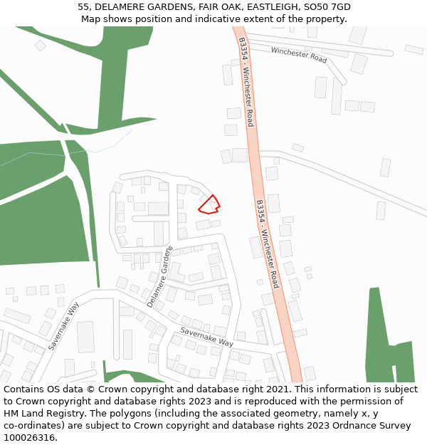 55, DELAMERE GARDENS, FAIR OAK, EASTLEIGH, SO50 7GD: Location map and indicative extent of plot