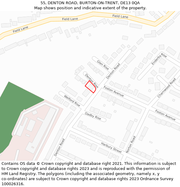 55, DENTON ROAD, BURTON-ON-TRENT, DE13 0QA: Location map and indicative extent of plot
