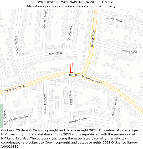 55, DORCHESTER ROAD, OAKDALE, POOLE, BH15 3JX: Location map and indicative extent of plot