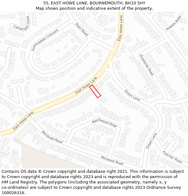 55, EAST HOWE LANE, BOURNEMOUTH, BH10 5HY: Location map and indicative extent of plot