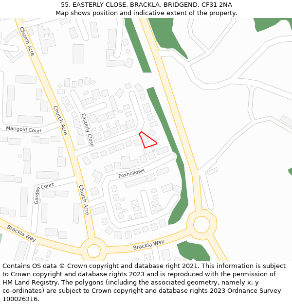 55, EASTERLY CLOSE, BRACKLA, BRIDGEND, CF31 2NA: Location map and indicative extent of plot