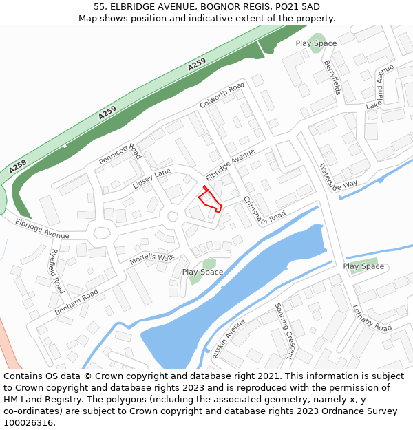 55, ELBRIDGE AVENUE, BOGNOR REGIS, PO21 5AD: Location map and indicative extent of plot