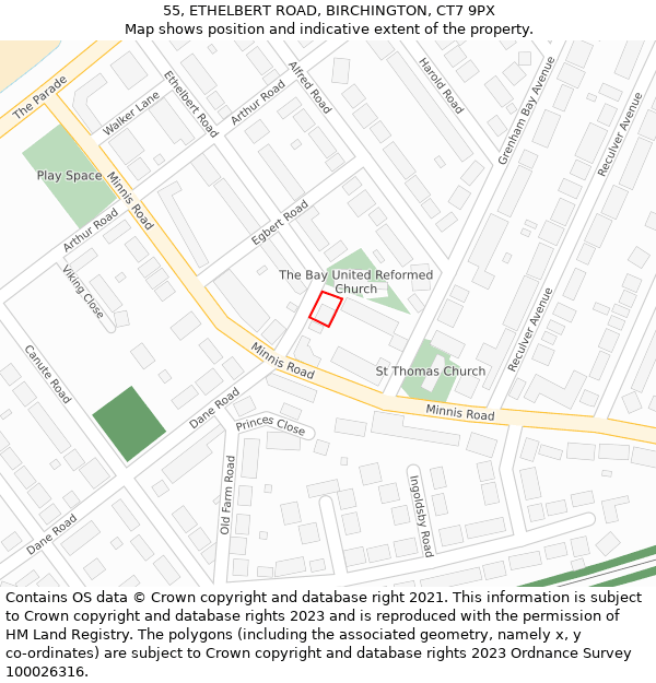55, ETHELBERT ROAD, BIRCHINGTON, CT7 9PX: Location map and indicative extent of plot