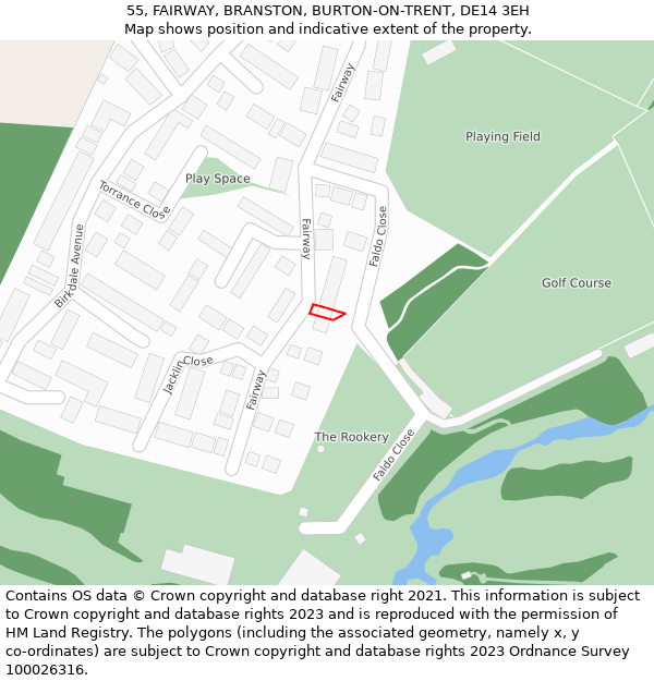 55, FAIRWAY, BRANSTON, BURTON-ON-TRENT, DE14 3EH: Location map and indicative extent of plot