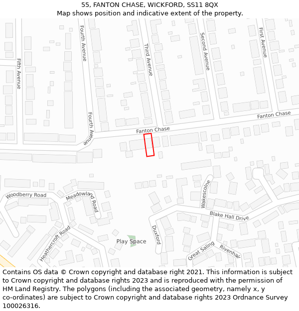 55, FANTON CHASE, WICKFORD, SS11 8QX: Location map and indicative extent of plot