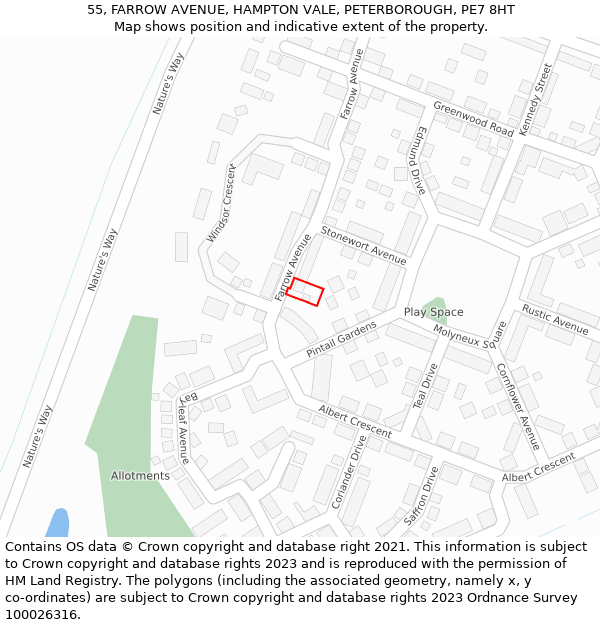 55, FARROW AVENUE, HAMPTON VALE, PETERBOROUGH, PE7 8HT: Location map and indicative extent of plot