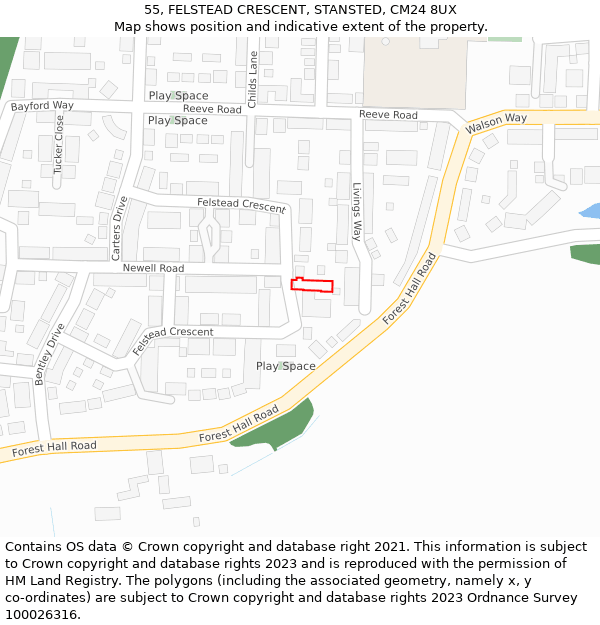 55, FELSTEAD CRESCENT, STANSTED, CM24 8UX: Location map and indicative extent of plot