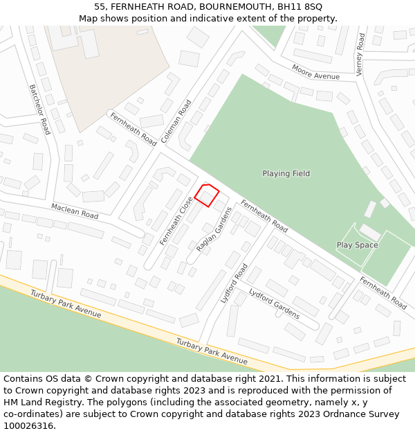 55, FERNHEATH ROAD, BOURNEMOUTH, BH11 8SQ: Location map and indicative extent of plot