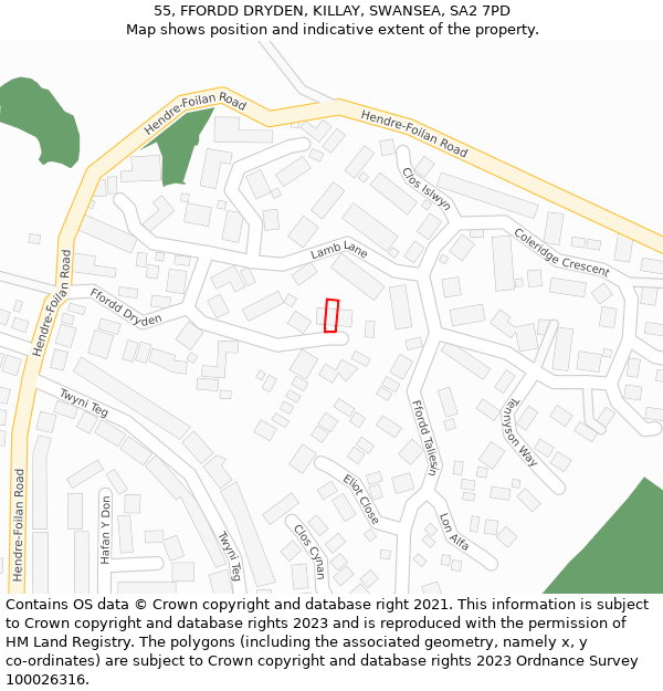 55, FFORDD DRYDEN, KILLAY, SWANSEA, SA2 7PD: Location map and indicative extent of plot