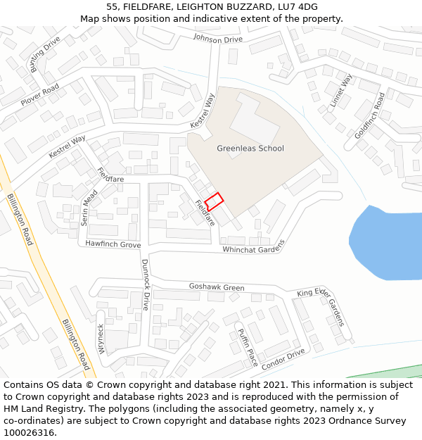 55, FIELDFARE, LEIGHTON BUZZARD, LU7 4DG: Location map and indicative extent of plot