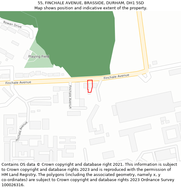 55, FINCHALE AVENUE, BRASSIDE, DURHAM, DH1 5SD: Location map and indicative extent of plot