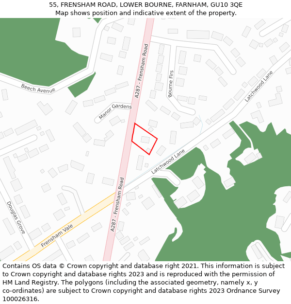 55, FRENSHAM ROAD, LOWER BOURNE, FARNHAM, GU10 3QE: Location map and indicative extent of plot