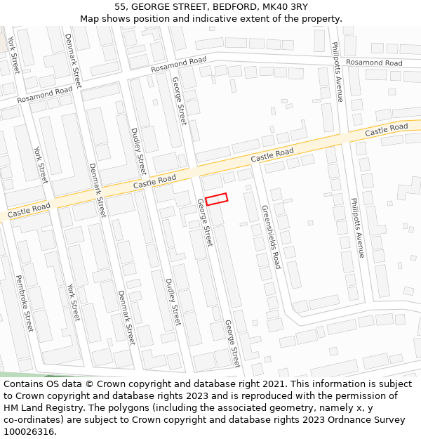 55, GEORGE STREET, BEDFORD, MK40 3RY: Location map and indicative extent of plot