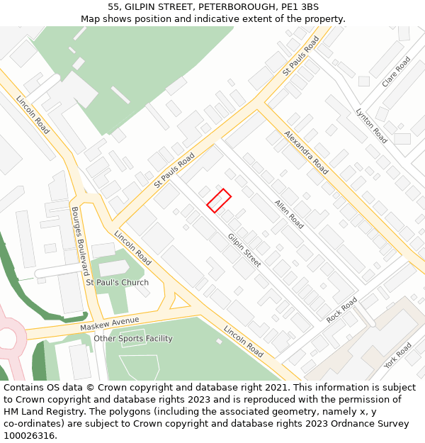 55, GILPIN STREET, PETERBOROUGH, PE1 3BS: Location map and indicative extent of plot