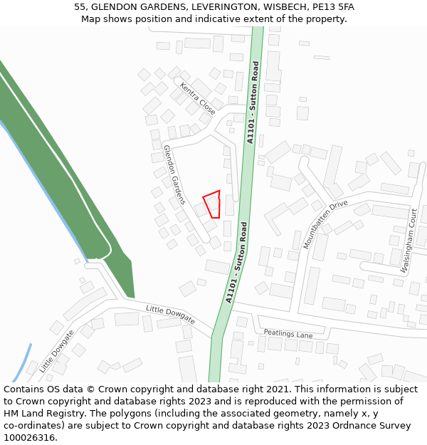 55, GLENDON GARDENS, LEVERINGTON, WISBECH, PE13 5FA: Location map and indicative extent of plot