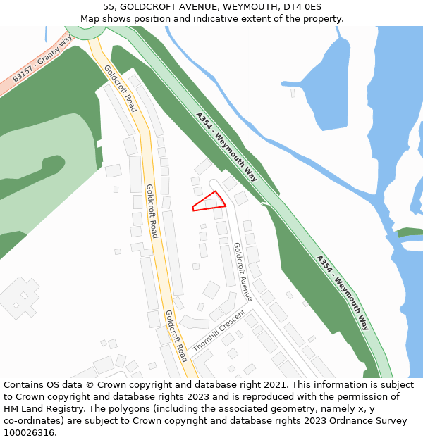 55, GOLDCROFT AVENUE, WEYMOUTH, DT4 0ES: Location map and indicative extent of plot