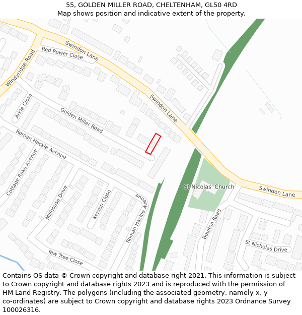 55, GOLDEN MILLER ROAD, CHELTENHAM, GL50 4RD: Location map and indicative extent of plot