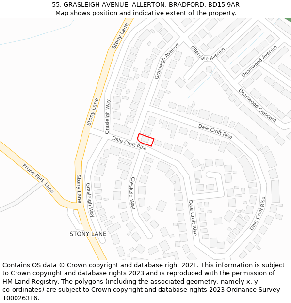 55, GRASLEIGH AVENUE, ALLERTON, BRADFORD, BD15 9AR: Location map and indicative extent of plot