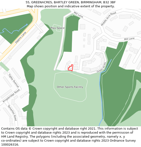 55, GREENACRES, BARTLEY GREEN, BIRMINGHAM, B32 3BF: Location map and indicative extent of plot