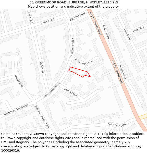 55, GREENMOOR ROAD, BURBAGE, HINCKLEY, LE10 2LS: Location map and indicative extent of plot