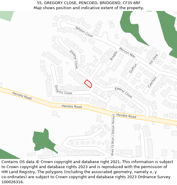 55, GREGORY CLOSE, PENCOED, BRIDGEND, CF35 6RF: Location map and indicative extent of plot