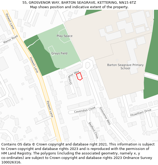 55, GROSVENOR WAY, BARTON SEAGRAVE, KETTERING, NN15 6TZ: Location map and indicative extent of plot