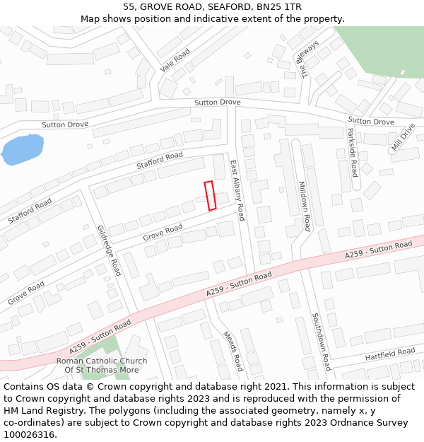 55, GROVE ROAD, SEAFORD, BN25 1TR: Location map and indicative extent of plot