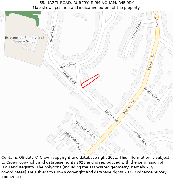 55, HAZEL ROAD, RUBERY, BIRMINGHAM, B45 9DY: Location map and indicative extent of plot