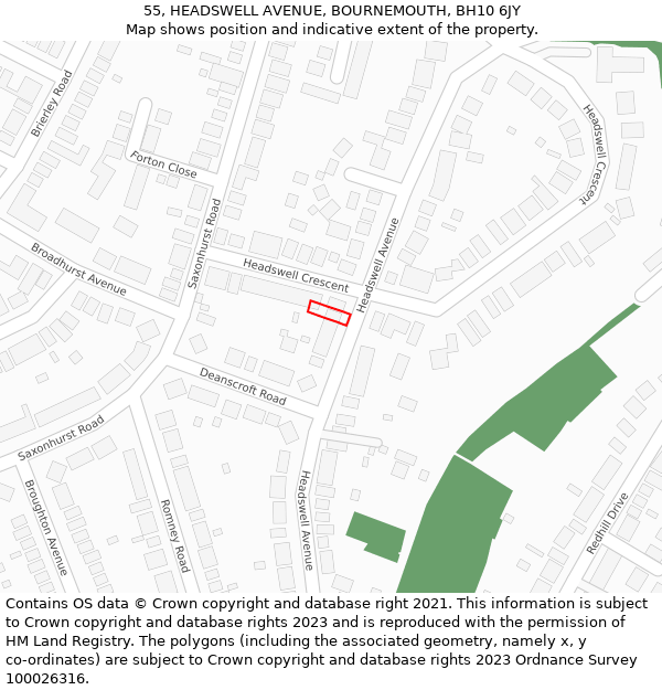 55, HEADSWELL AVENUE, BOURNEMOUTH, BH10 6JY: Location map and indicative extent of plot