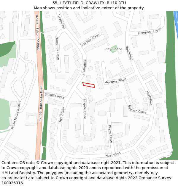 55, HEATHFIELD, CRAWLEY, RH10 3TU: Location map and indicative extent of plot