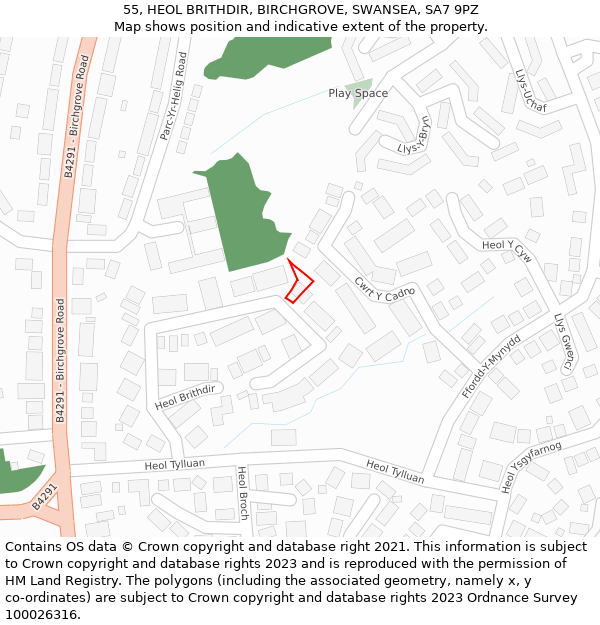 55, HEOL BRITHDIR, BIRCHGROVE, SWANSEA, SA7 9PZ: Location map and indicative extent of plot